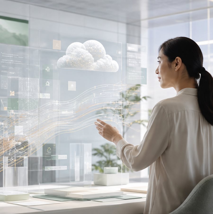A strategist reviewing connected digital channels and data streams on a glass display