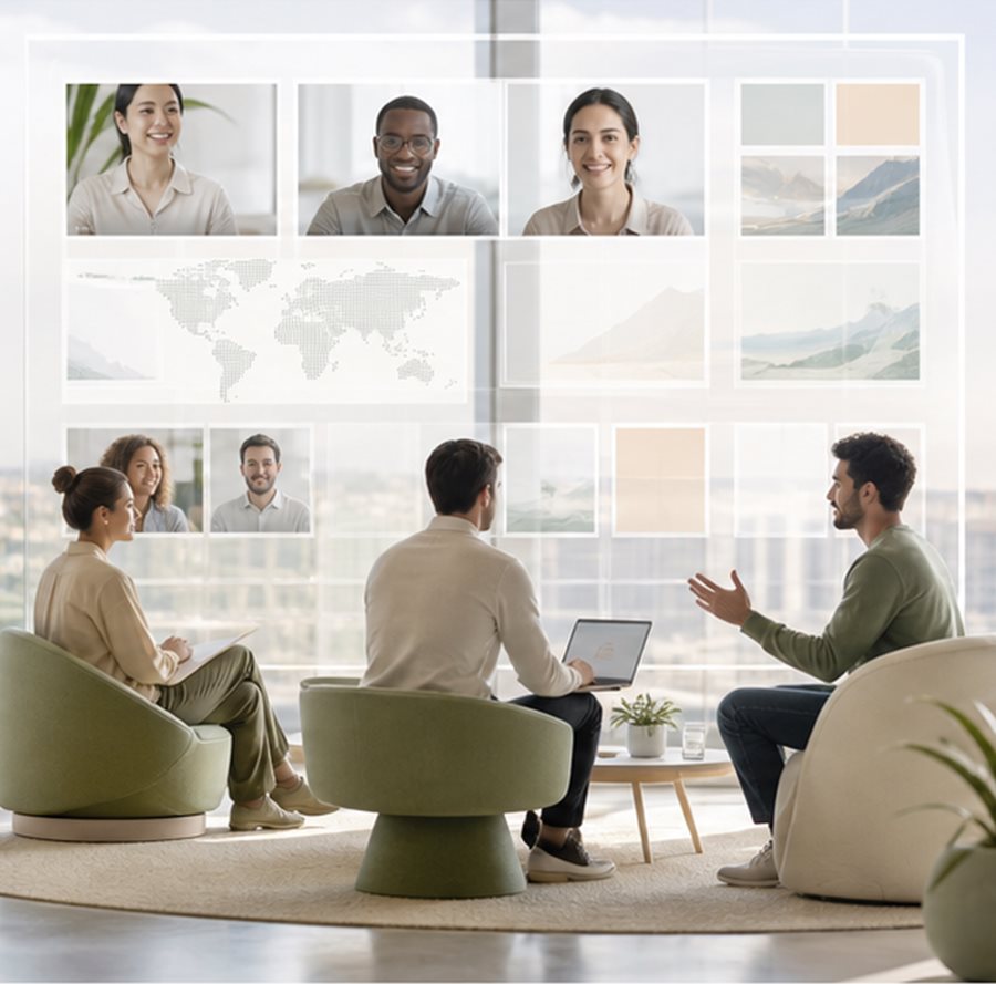 A distributed team meeting in person and on screen across locations